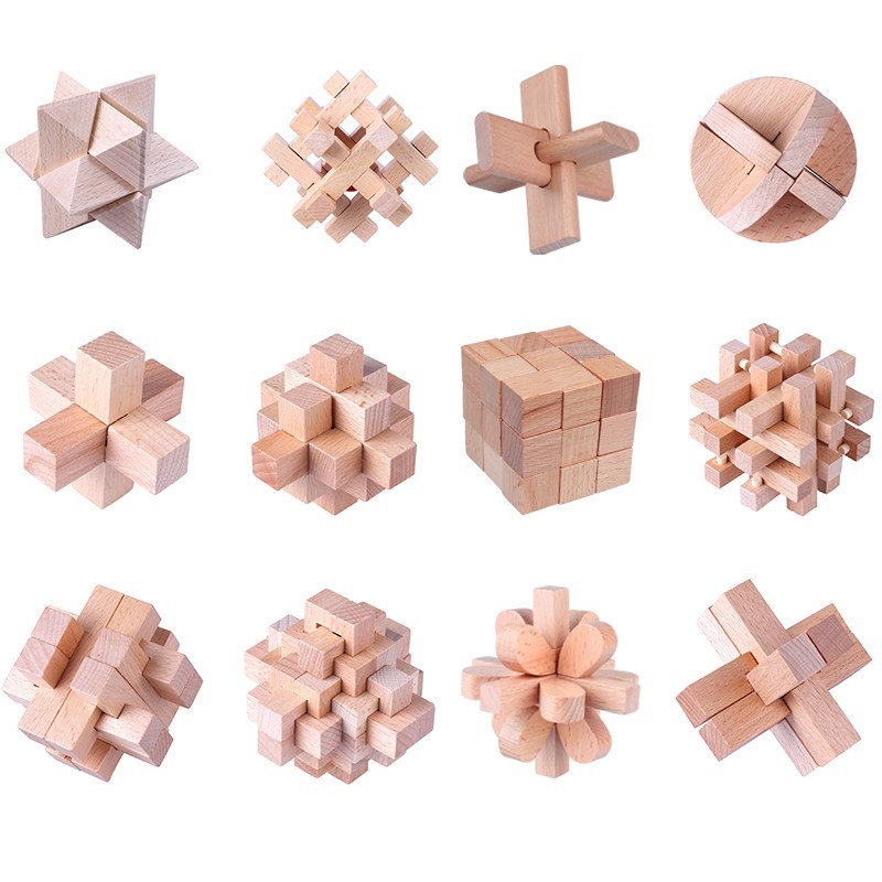 优巧珂12个孔明锁鲁班锁套装小学生玩具智力高难度收纳玄机盒套装榉木