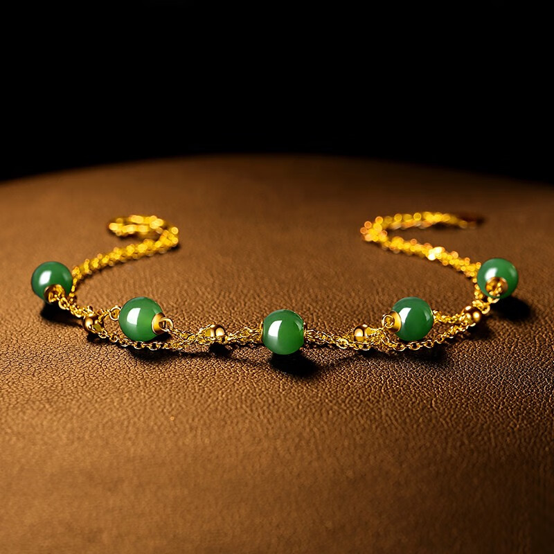 墨者善石 情人节礼物 金镶玉手链女纯金碧玉转运珠双层链999足金手串