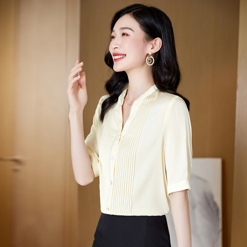 若兰气质优雅百搭时尚真丝衬衫夏季修身显瘦v领桑蚕丝真丝女士上衣 米