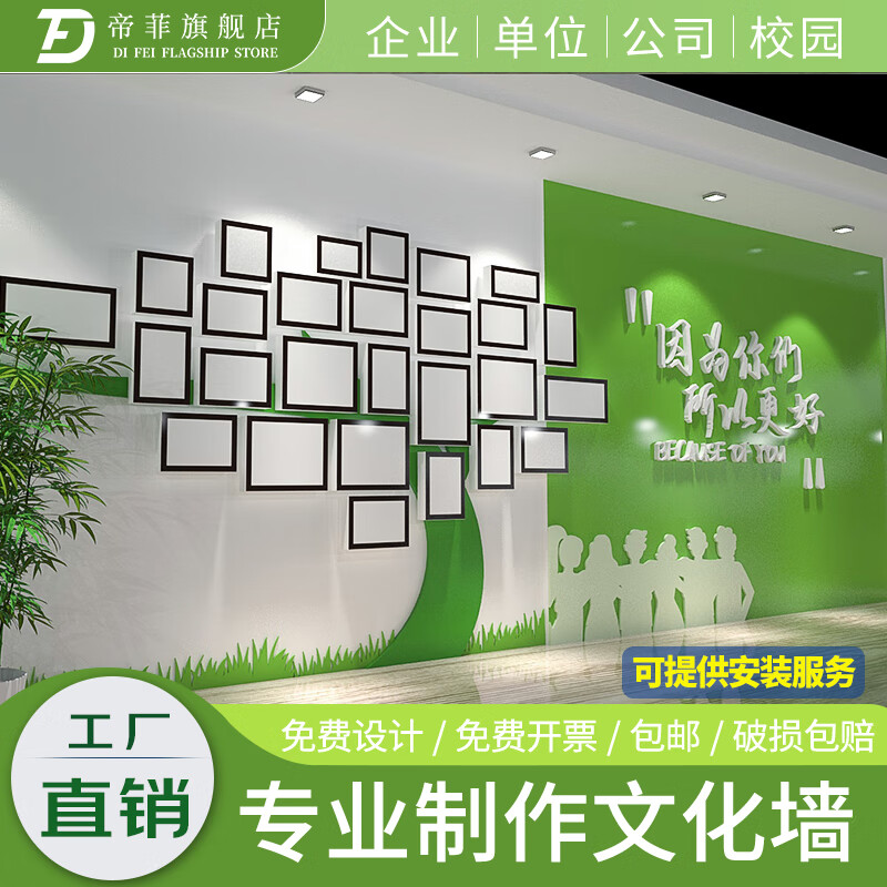 帝菲创意绿色环保科技简约企业文化墙设计办公室创意员工风采照片墙