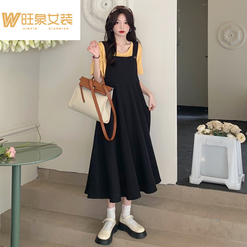 韩版胖女孩连衣裙大码套装女夏季胖mm 黑色背带裙 l(建议100-120斤)