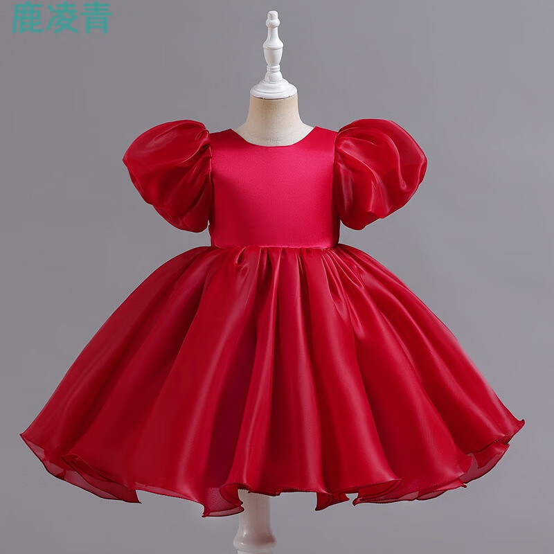 鹿凌青女童禮服晚禮服晚宴裙泡泡袖短款緞面蓬蓬裙后背開叉蝴蝶結(jié)主 紅色 80 cm