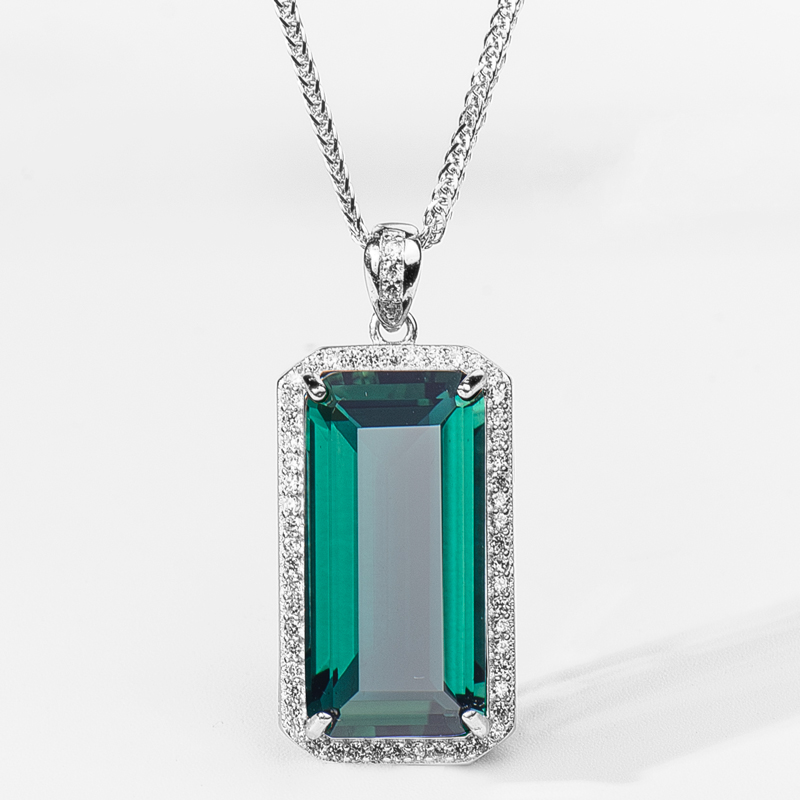 一北 s925绿碧玺碧玺水晶吊坠女 绿宝石银项链 饰品首饰 白金色【925