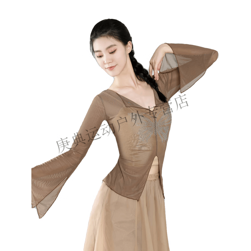 炫逐古典舞烫钻身韵纱衣女中国舞蹈服现代舞练功形体服上衣演出服套装 卡奇色单上衣 XXXS