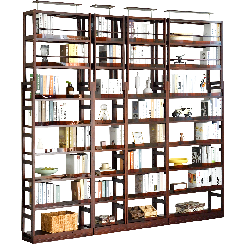 香木语 实木书架可调节伸缩书架满墙隔断客厅书房落地收纳置物架大容量创意陈列架 30-45橡胶木胡桃色