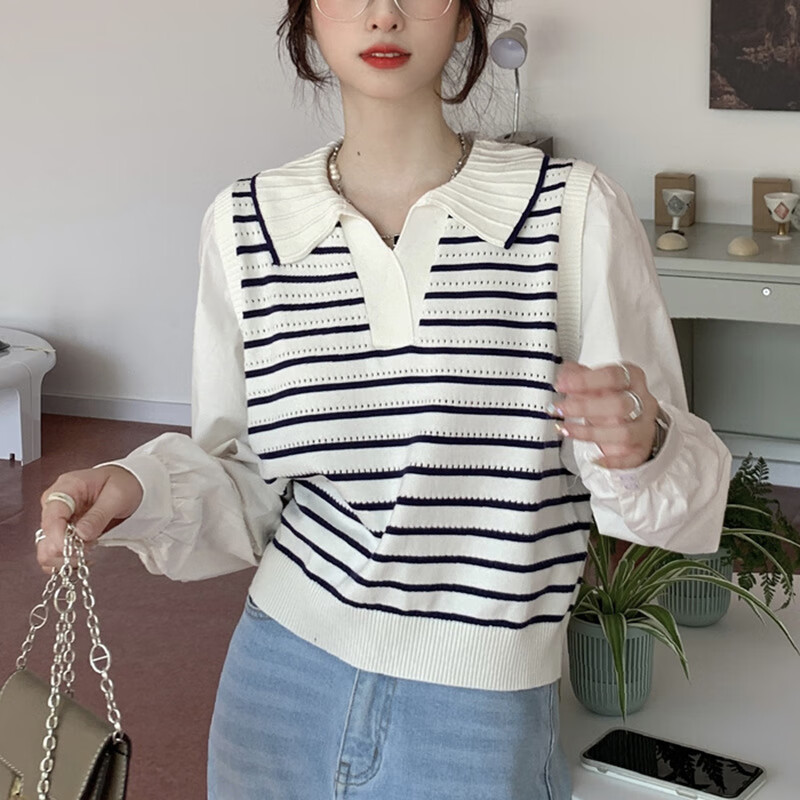 嘉钰潮库假二件套上衣女新款针织衫女秋季假两件衬衫毛衣polo领条纹