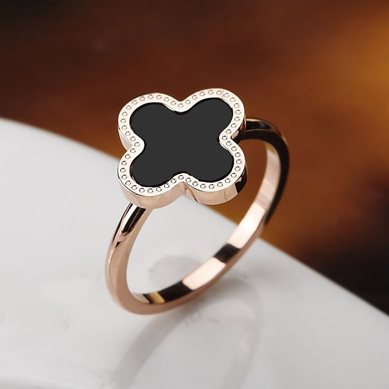 世纪约定洛世奇四叶草戒指女韩版网红钛钢玫瑰金幸运简约草黑色玛瑙in 美号10# 内直径19.8毫米