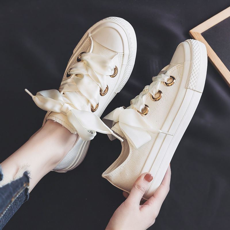 配连衣裙的小白鞋子穿裙子鞋夏季夏天配鞋女丝带可爱仙女风 米色低