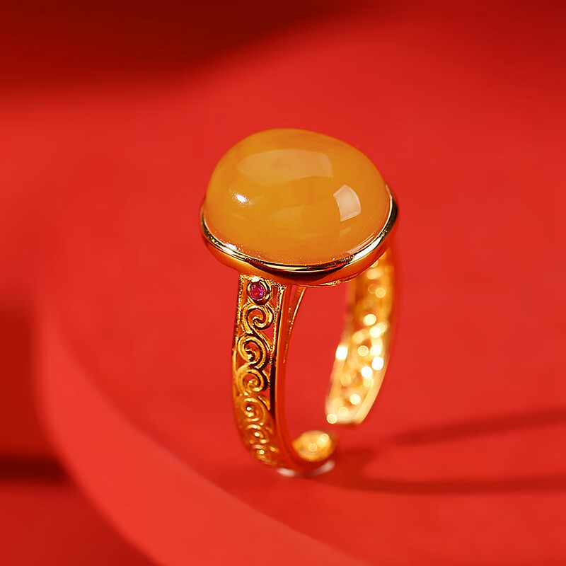 天魅天然老蜜蜡蛋面琥珀粗手指开口戒指女生款金包新中式国风 金色 随
