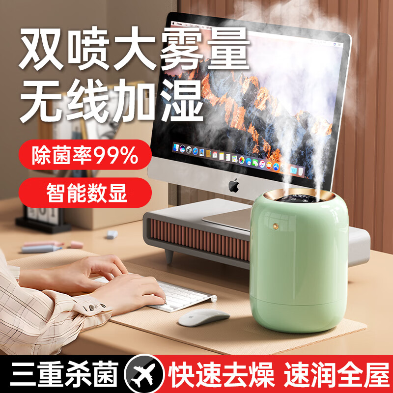 艾芭莎（Aibaasaa）加湿器小型办公室桌面静音婴儿家用卧室宿舍迷你便携式大容量无线车载香薰空调房补水空气净化喷雾 薄荷绿丨旗舰杀菌款丨1L大容量
