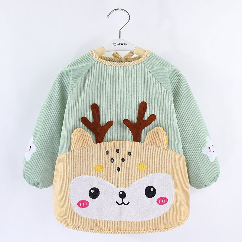 稚新秋冬男女宝宝吃饭罩衣儿童围裙长袖防水反穿衣护衣罩衫倒褂条绒 系带款萌宝鹿-绿色 90（15码建议8个月-2周岁）