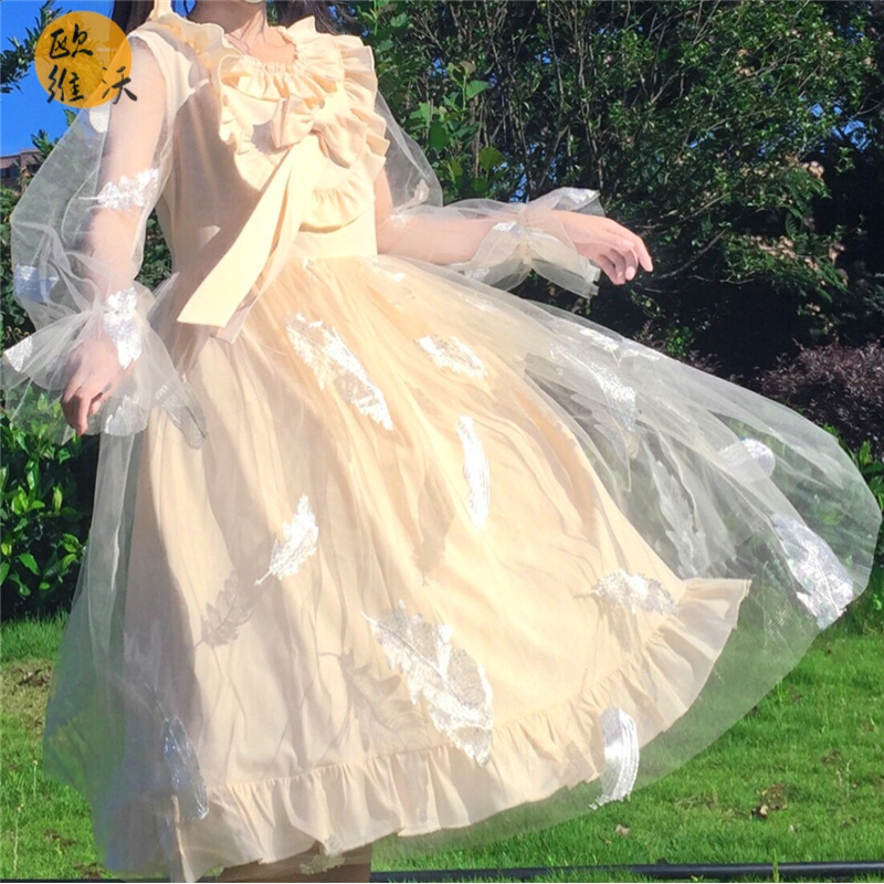 洛丽塔lolita甜美森系超仙气网纱长袖羽毛蝴蝶结连衣裙子仙女夏天萝莉