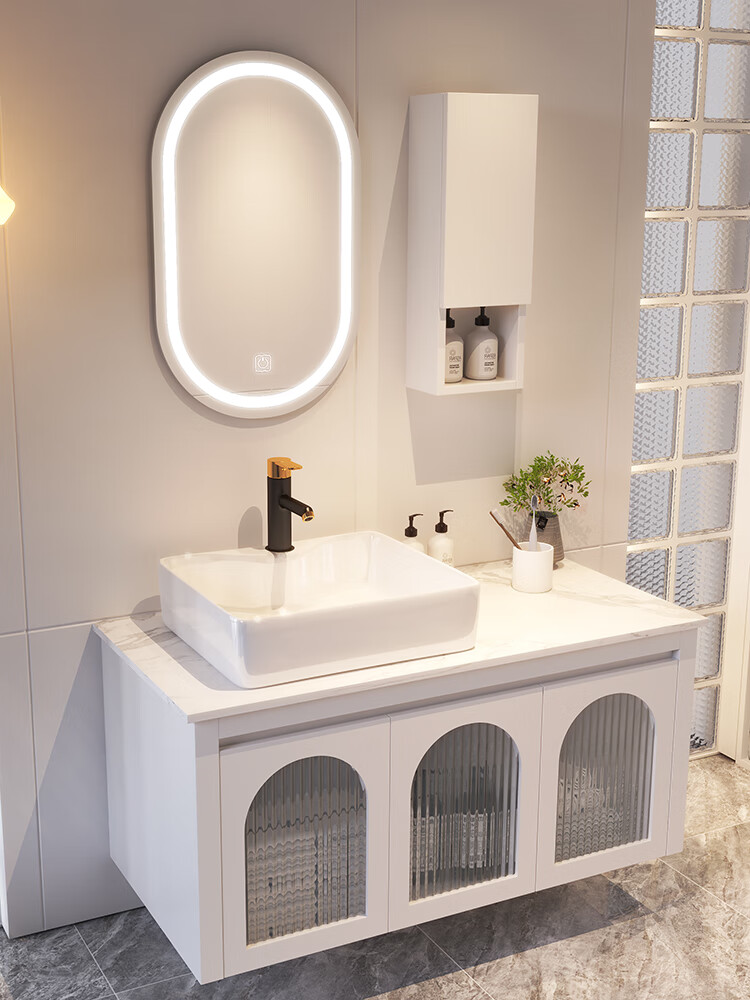 仁聚益现代简约小户型岩板pvc浴室柜卫生间洗手脸漱池台盆智能镜柜