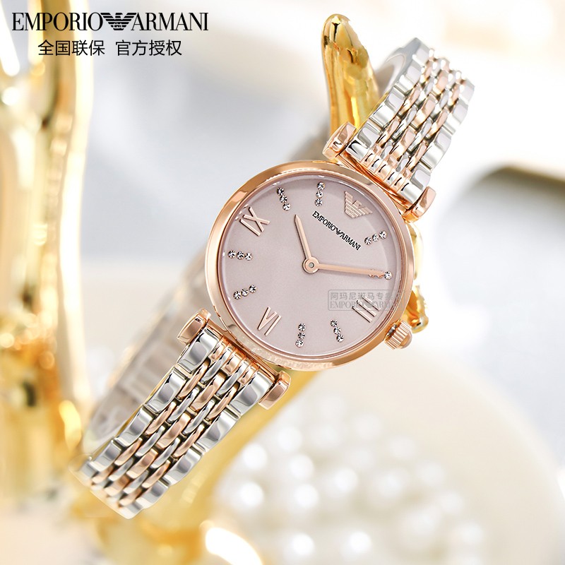 EMPORIO ARMANI 阿玛尼玫瑰小圆盘镶钻生日520情人节礼物送女友电子女表名表 【28MM】香槟金钢带 AR11223
