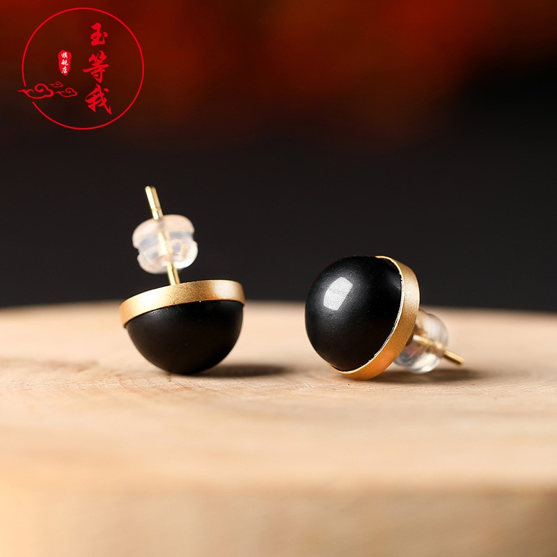 玉等我  墨玉耳钉18k金镶玉耳钉女和田玉耳饰