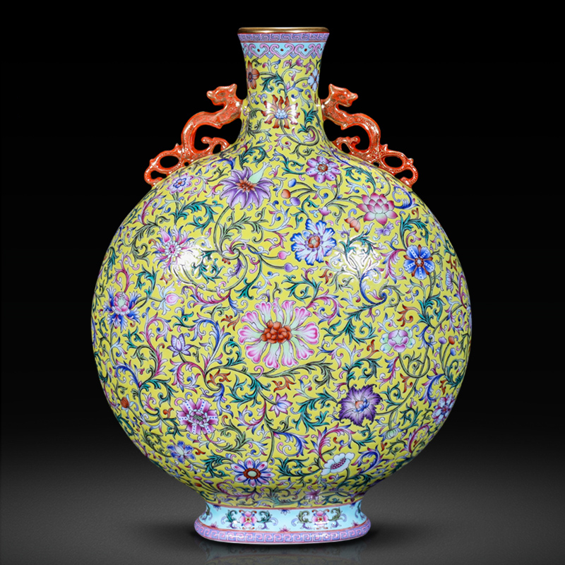 未卒  景德镇陶瓷器珐琅彩螭龙耳扁瓶新中式客厅家居装饰花瓶收藏品