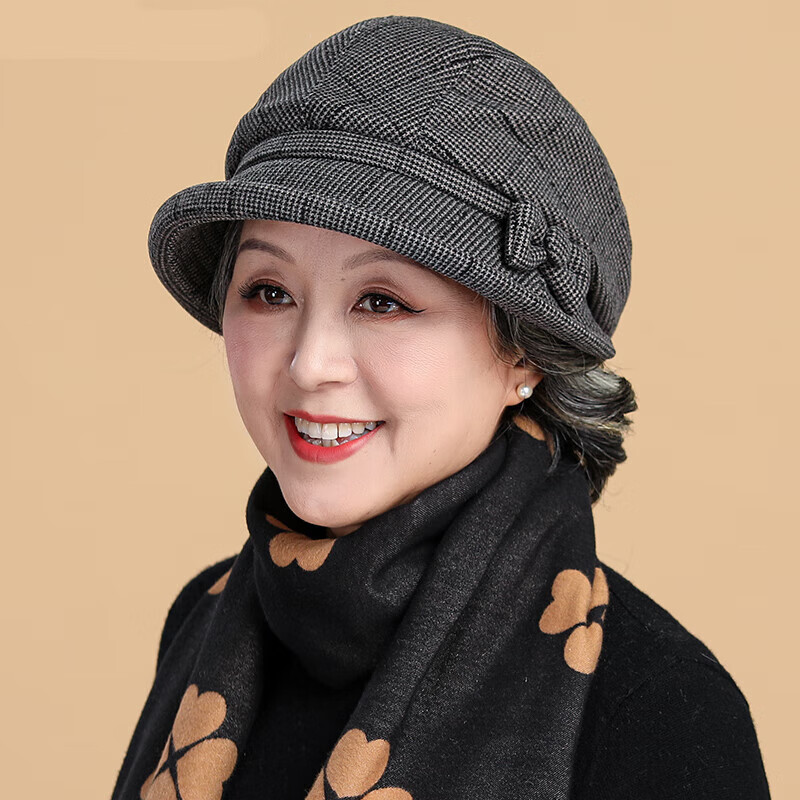 老太太帽子春秋天冬季带帽老人女秋渔夫帽老人奶奶毛呢针织贝雷盆帽