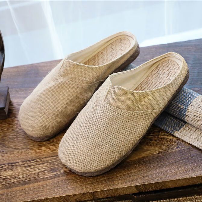 宁墅麻鞋甘谷草鞋男汗脚拖鞋纯色2023亚麻透气棉麻吸汗养脚半包拖鞋情