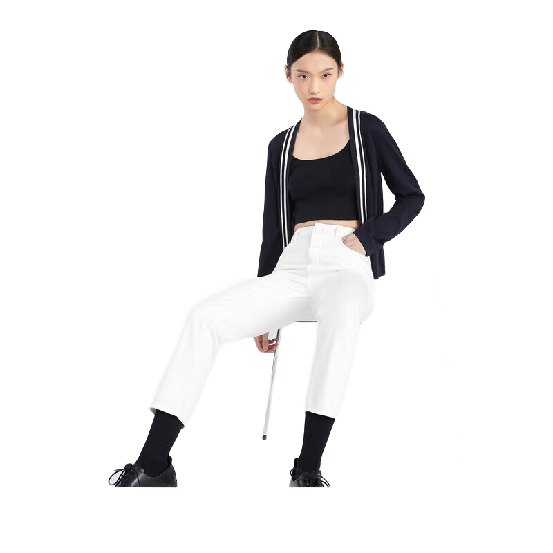 OVV2023春夏新款女裝桑蠶絲長(zhǎng)絨棉質(zhì)混紡針織開衫外套 藏青鑲拼17 S
