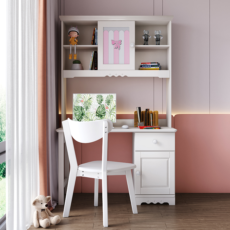 书桌书架组合家用直角学习桌田园风小学生转角写字桌 纯实木直角书桌