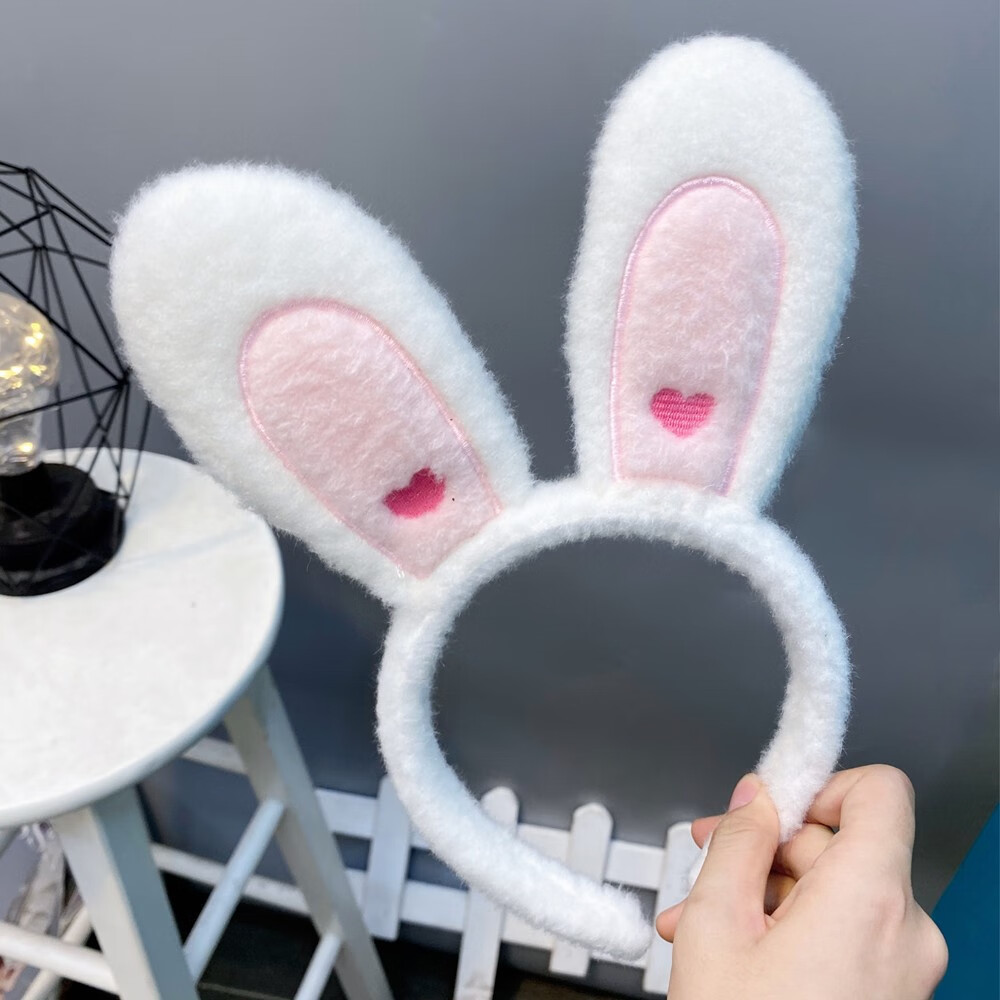 黛萝莉毛绒可爱小兔子发箍 少女爱心刺绣兔耳朵头箍女孩卖萌发饰 白色