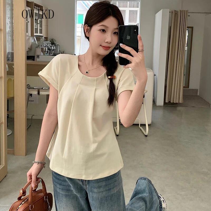 owjkd大码u领正肩t恤女夏短袖胖mm显瘦遮肚子设计感小众不规则下摆