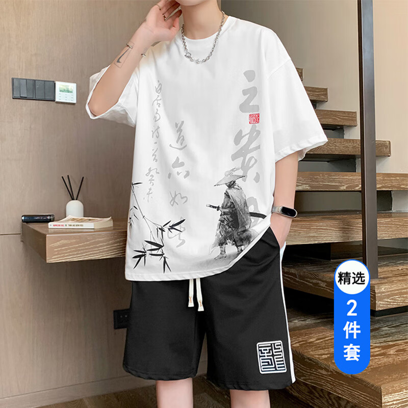 列迅中国风短袖t恤男套装夏季宽松休闲运动短裤男一套搭配青少年衣服 T5811白色套装 M 约100-125斤可穿
