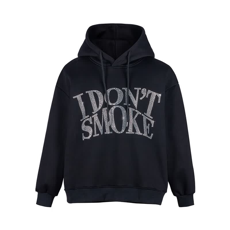 Donsmoke【喻言同款】拒绝吸烟日本工艺水钻烫钻连帽衫基础情侣LOGO卫衣 黑色加绒 L怎么看?