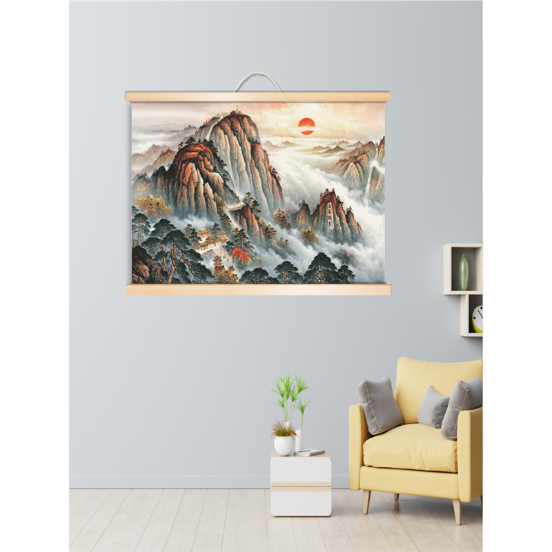 无水靠山图五岳独尊风水招财风景玄关墙装饰实木卷轴挂画 五岳独尊 高