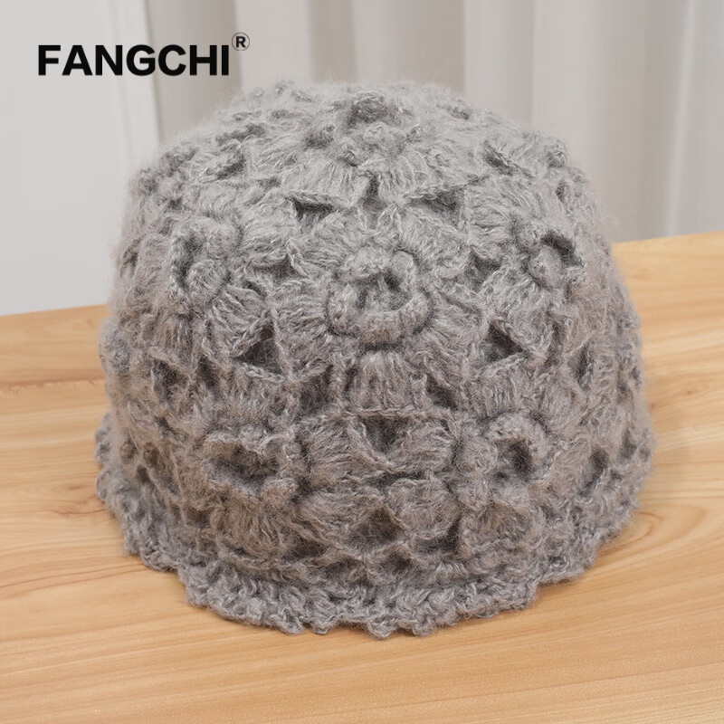 fangchi帽子女韩版潮秋冬百搭时尚女士镂空手工钩花编织包头贝雷毛线