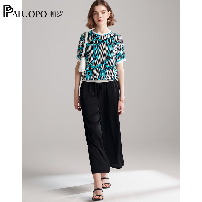 帕罗（PALUOPO）双绉新款真丝短袖体恤女士圆领印花100%桑蚕丝休闲百搭t上衣 黑蓝 L (165/88A)