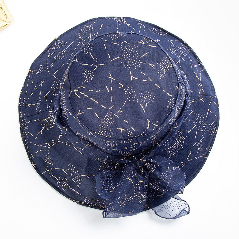 达芬奇密码 时尚欧根纱太阳帽女夏季遮脸防晒帽子适合圆脸薄遮阳帽 藏蓝 蝴蝶结 均码57cm