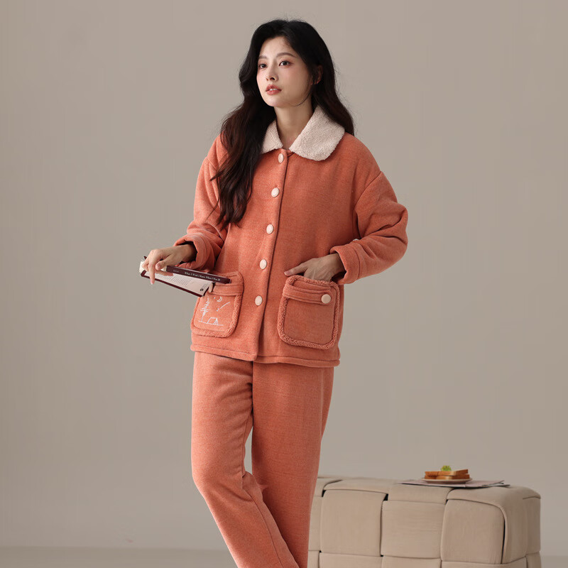 绮瑞女冬季珊瑚绒睡衣加厚三层复合绒秋冬女款时尚冬款家居服套装 杏色 2XL