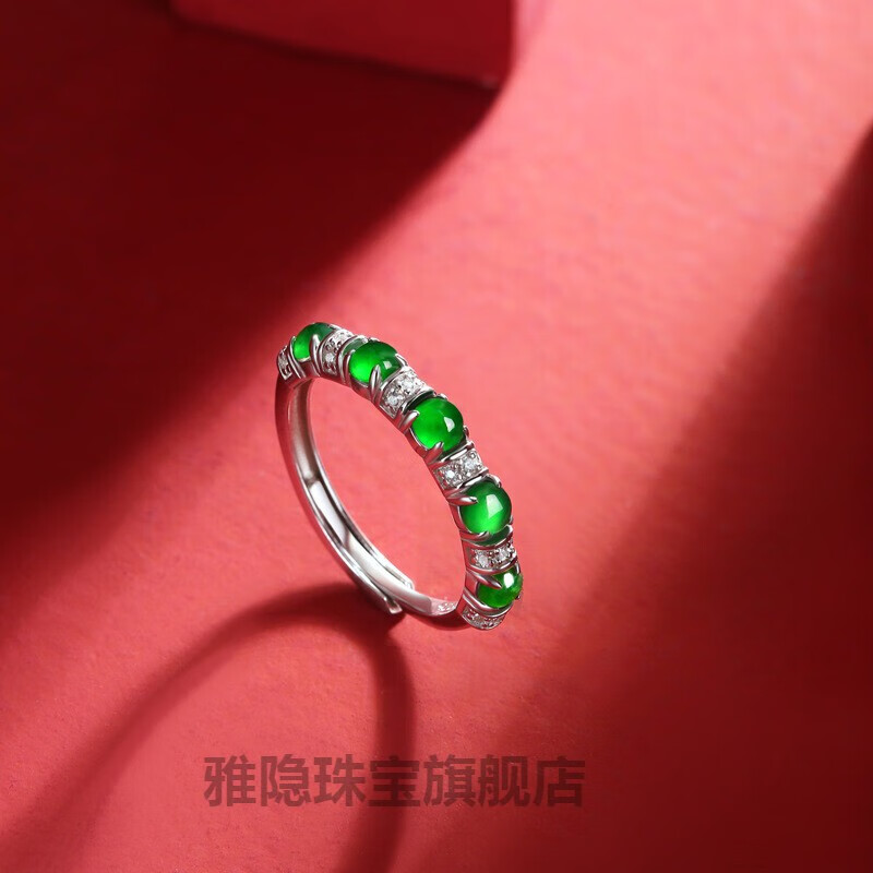 2023年新款翡翠色戒指女925银绿色玉环排戒时尚生日礼物配证书 苹果绿