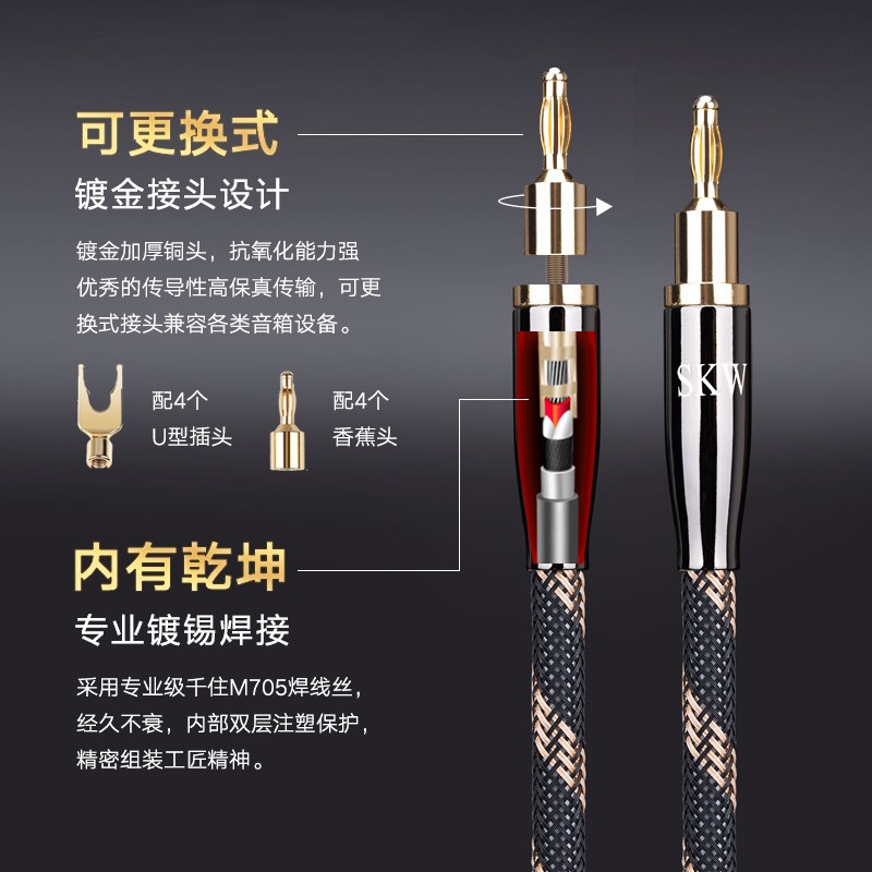 SKW 发烧级 Hi-Fi 单晶铜音响喇叭线 Y插香蕉头直插 功放胆机音箱连接线 家庭影院 BG05-2.5米（单条）