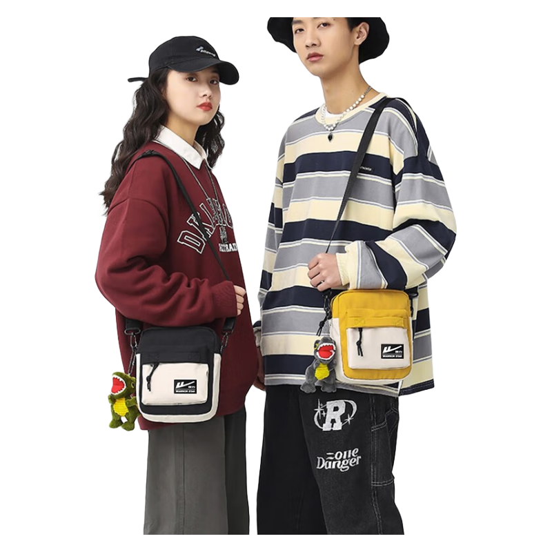 回力（Warrior）男生小挎包潮牌手機斜挎包ins機能斜跨背包休閑多功能單肩包 黑配白【帶恐龍掛件】