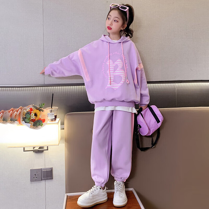 2024新款洋气女大童秋装儿童秋季韩版宽松两件套 紫色套装[春秋款]