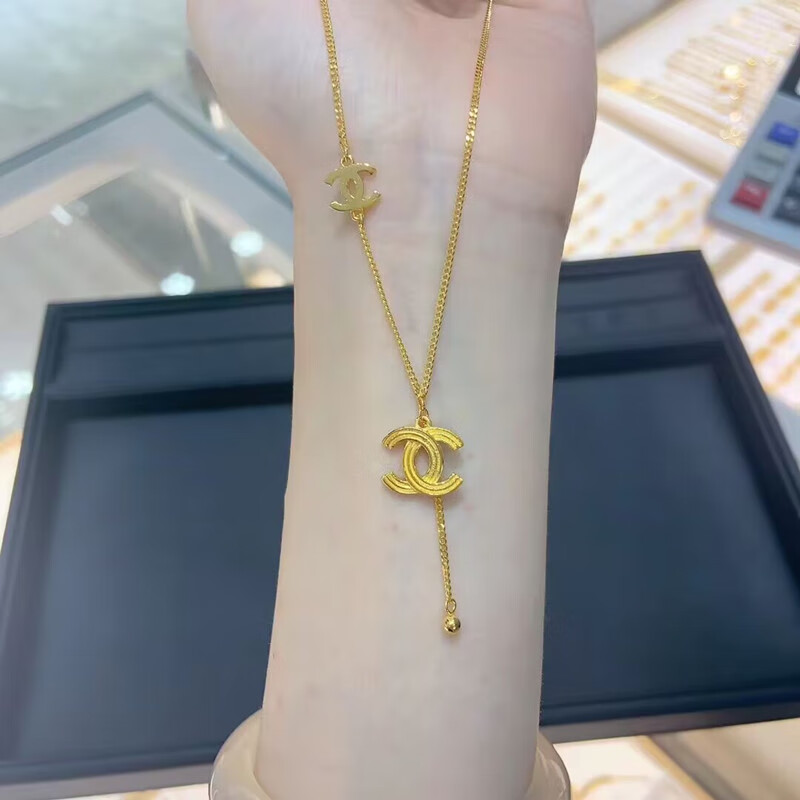 屹大福新款足金999吊坠双c时尚链坠5G工艺黄金蛇骨项链女款首饰套链 约6.7-6.8g（足金字母C套链）