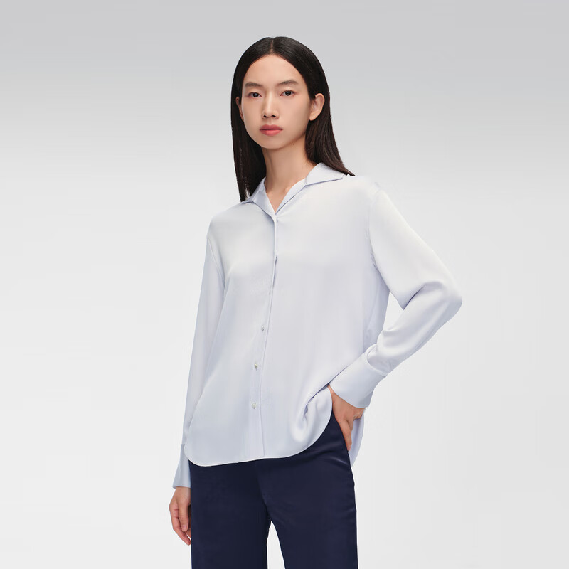 OVV2024春夏新款女装三醋酸翻领设计白蝶贝纽扣长袖衬衫 浅蓝（净色）06 L