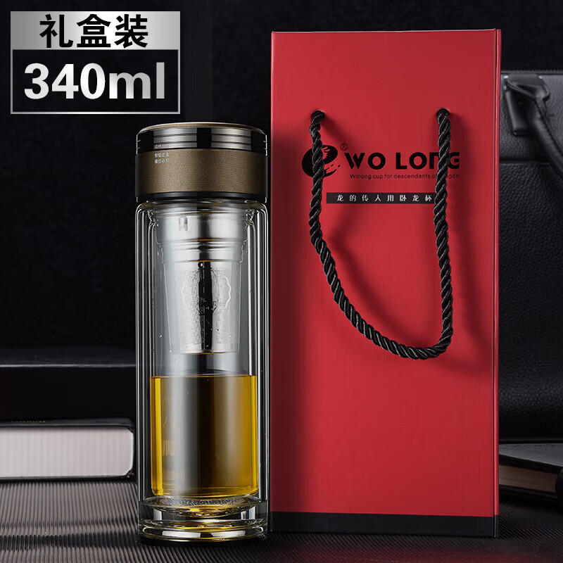 创京懿选卧龙玻璃杯双层水杯男便携创意耐热办公杯泡茶杯透明杯子印字