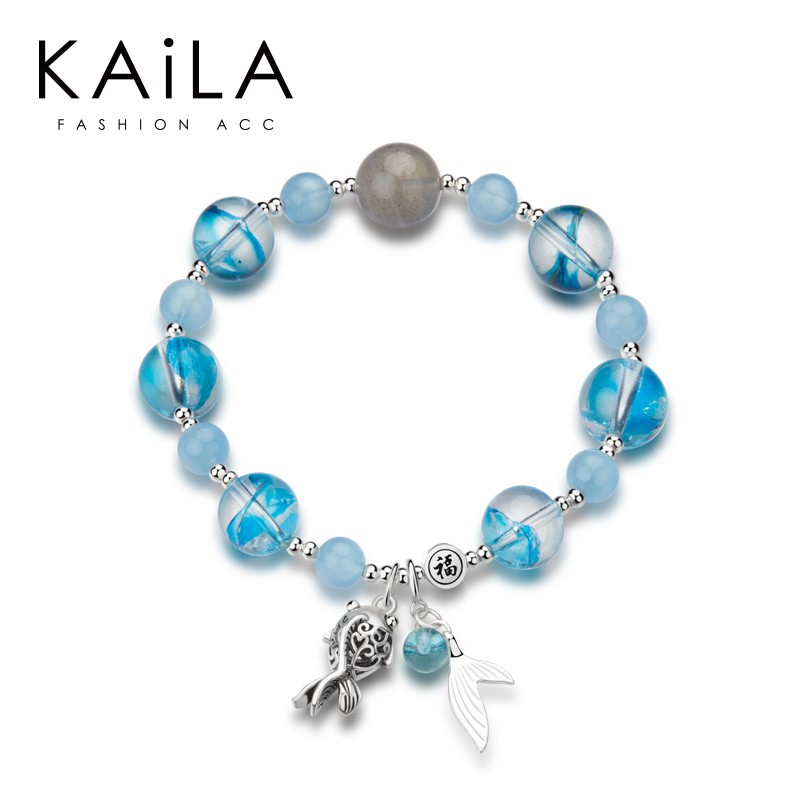 kaila凤羽幽灵手链女ins小众设计天然海蓝宝水晶珠子串珠闺蜜夏天送