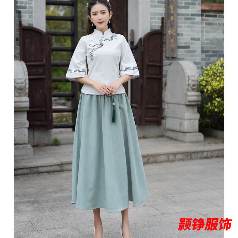 事思民族風夏季氣質(zhì)套裝漢服中國風棉麻連衣裙復(fù)古唐裝民國改良旗袍 白色上衣+綠色半身裙 XL 建議115-125斤