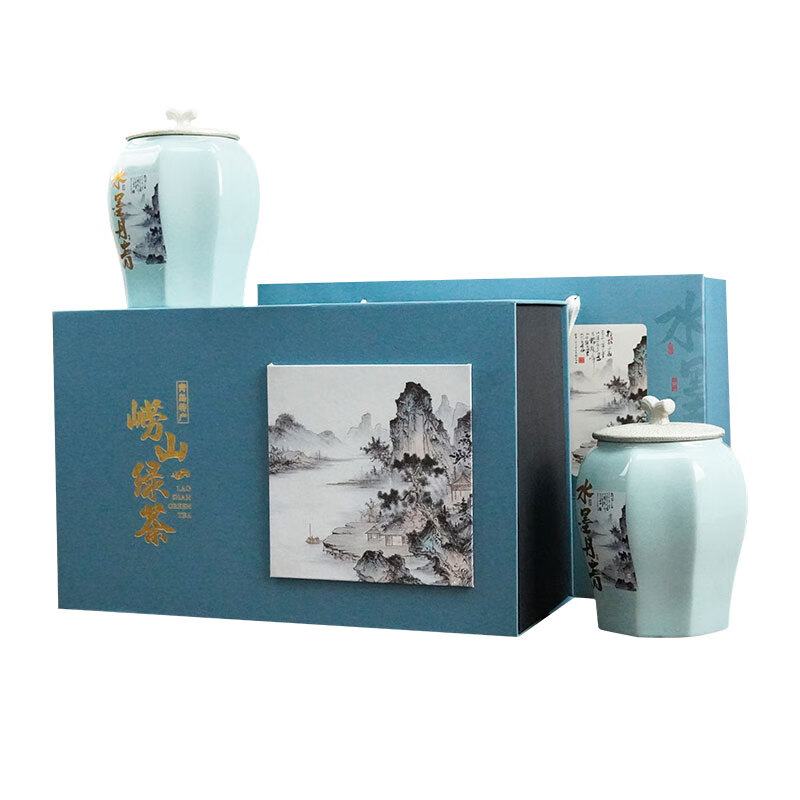 渔村绿茶青岛崂山绿茶浓香型250g礼盒装新茶正宗山东茶叶瓷罐送礼
