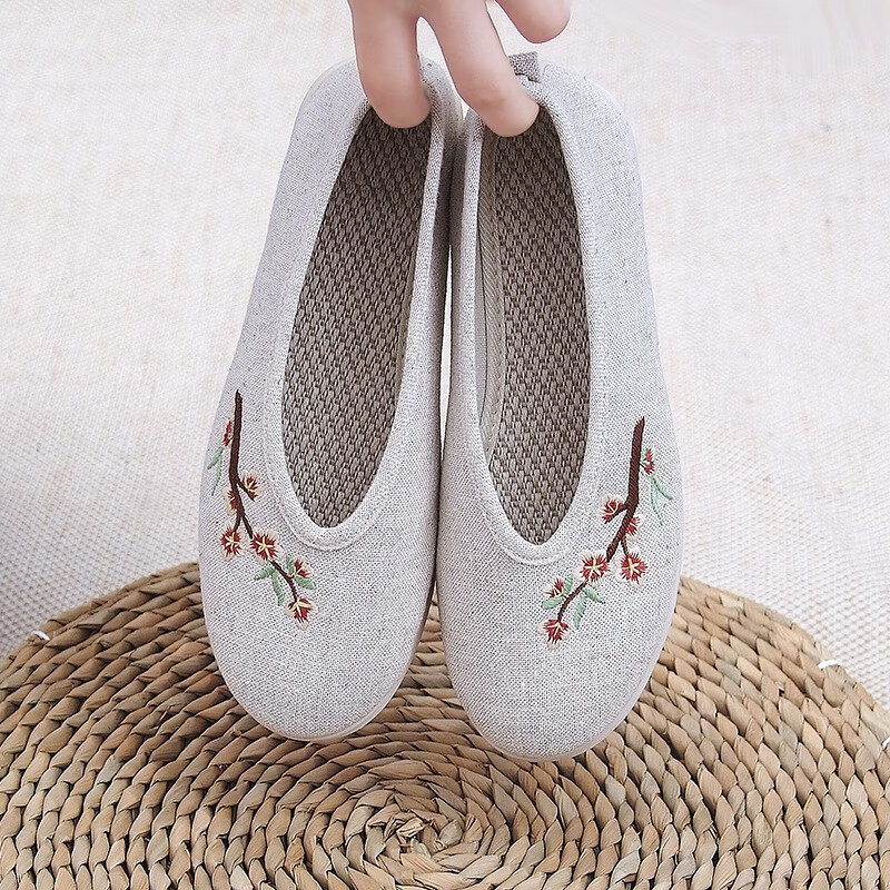 娟的绢春季复古棉麻平底圆头牛筋底单鞋女民族风绣花鞋禅意茶服汉服鞋 原麻色 傲梅 40怎么看?