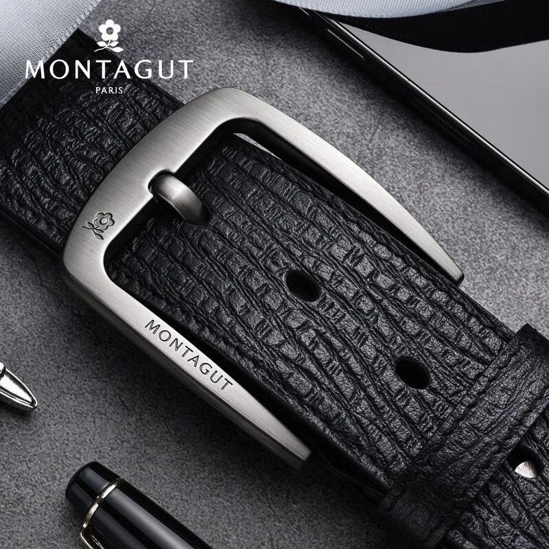 梦特娇皮带男新款男士真皮针扣裤带商务纯牛皮打孔百搭腰带 黑色 110