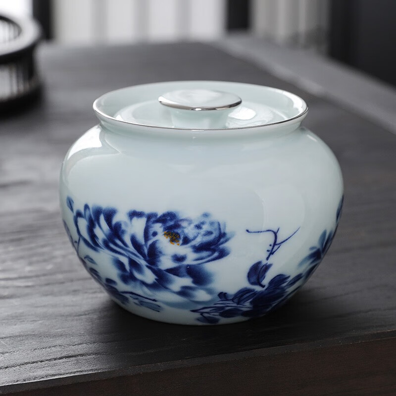 时記德化陶瓷青花瓷茶叶罐小号便携药材膏粉防潮防尘保茶香密封储藏罐