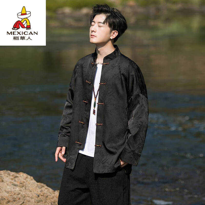 稻草人新中式唐装男中国风秋冬季长袖夹克复古盘扣汉服宽松大码男士外套 Y771黑色 M 100-120斤