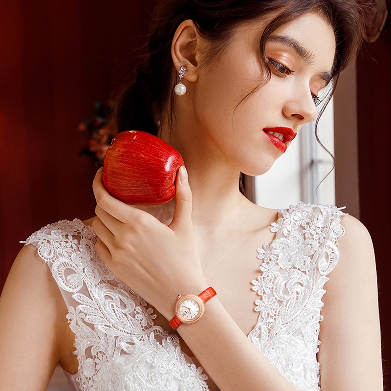 爱沃驰瑞士达芬奇系列璀璨星空轻奢石英手表女士表七夕生日礼物送女友 玫壳白盘|红皮带