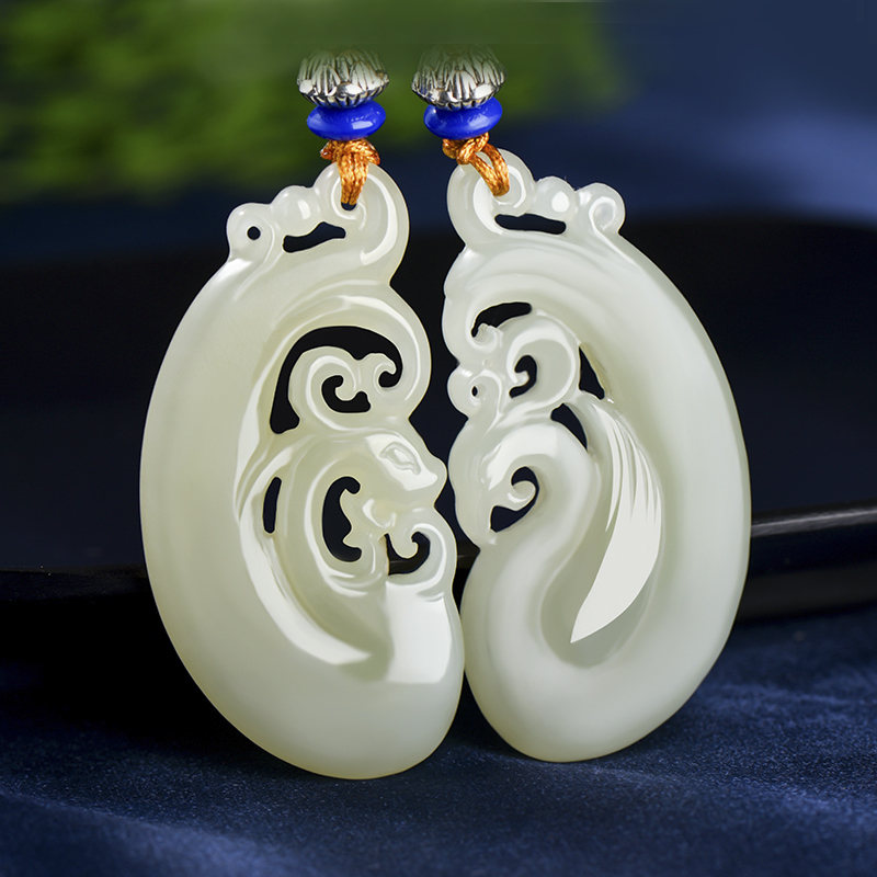 慕溪源和田玉龙凤玉佩情侣吊坠一对玉石项链 浅青款