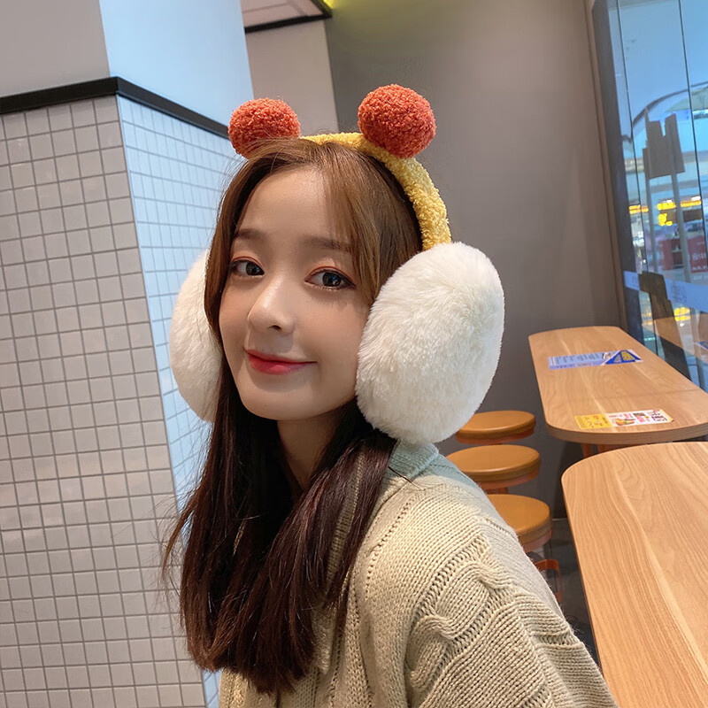 淘有型毛绒耳罩冬季女士加绒保暖耳捂子学生可爱少女百搭耳包防寒护耳套 双毛球耳罩 黄蓝双球